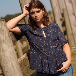 Madewell Silk Stanza Ruffle Hem Navy Floral Peplum Blouse Boho Top | Size: XXL